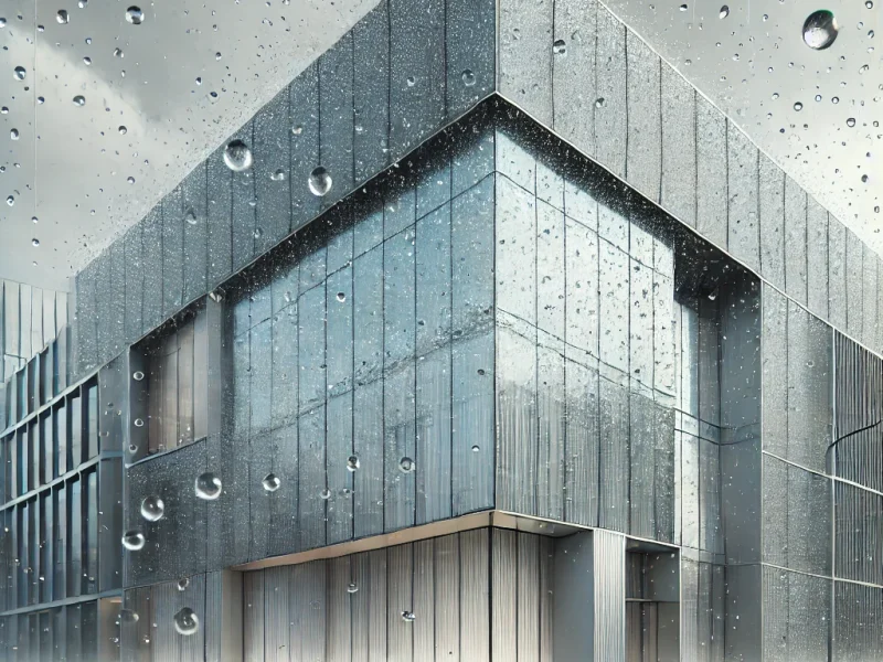 DALL·E 2024-11-15 18.18.58 - A modern building with raindrops delicately forming on its glass surface, creating a textured and serene effect. The scene is set on a cloudy day, wit